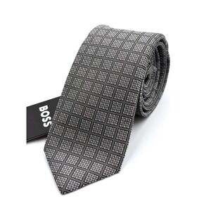 Hugo Boss Necktie Mens Grey Black Geometric Grid Silk Blend Italy 58.5" x 2.75"